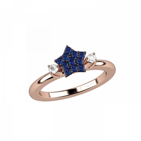 Bright sapphire and diamond ring with star in 18KT gold