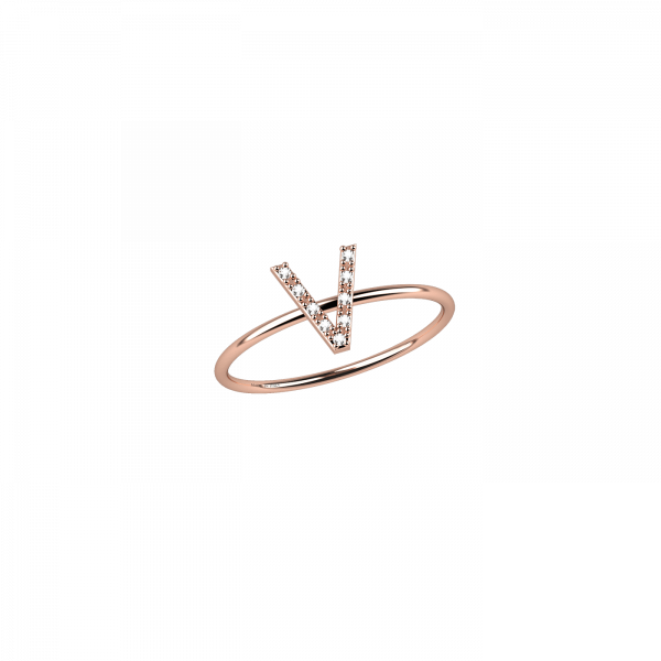 Initials 18KT gold ring with letter V in diamonds