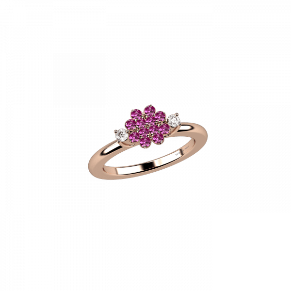 Bright flower ring with a flower design featuring pink sapphires set in 18KT gold and adorned with diamonds<br><br><br>