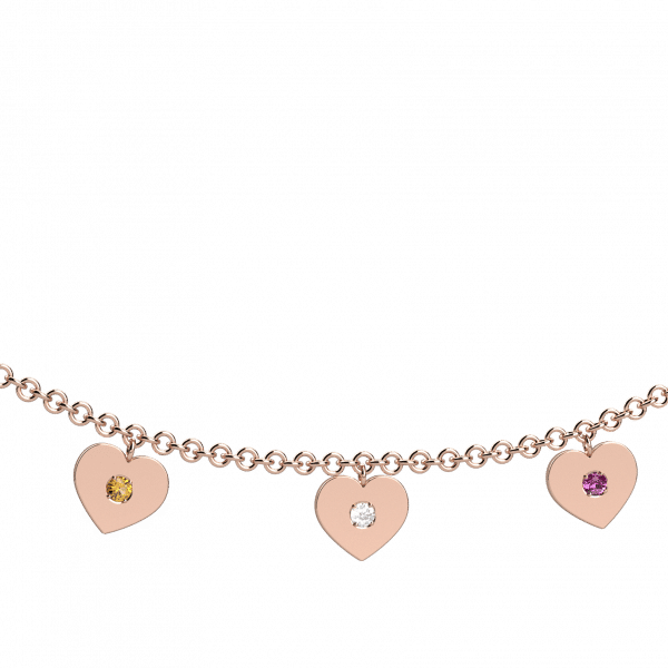 Heart chain collana 18KT con cuori di diamanti e zaffiri colorati