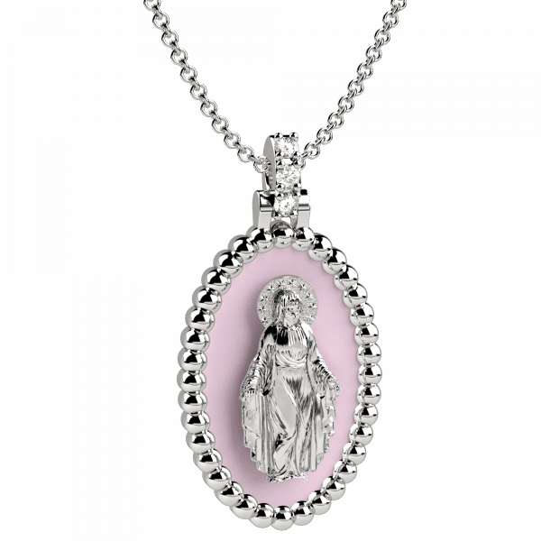 Tradition collana oro rosa 18KT con pendente Madonna smaltato rosa e diamanti