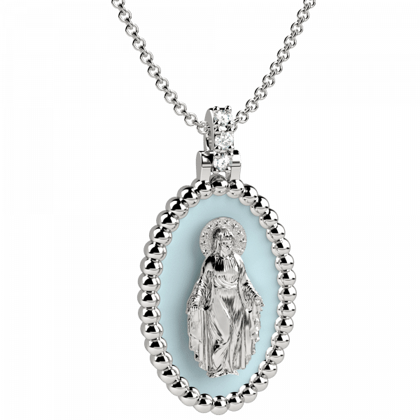 Tradition collana oro rosa 18KT con pendente Madonna smaltato azzurro e diamanti