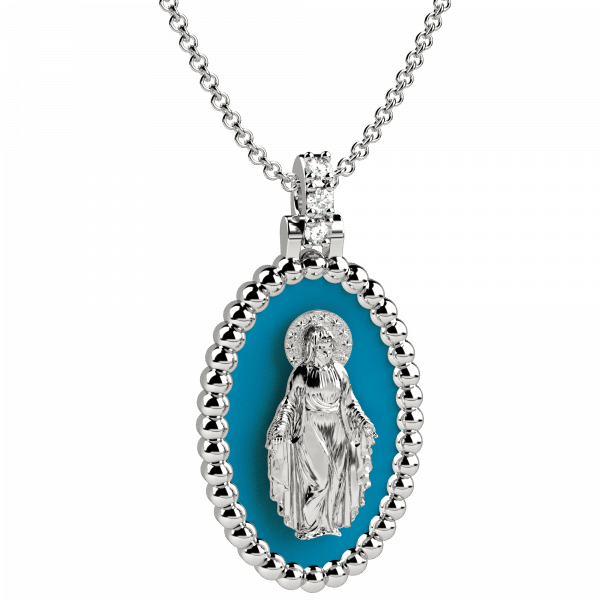 Tradition collana oro rosa 18KT con pendente Madonna smaltato turchese e diamanti