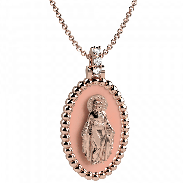 Tradition collana oro rosa 18KT con pendente Madonna smaltato salmone diamanti