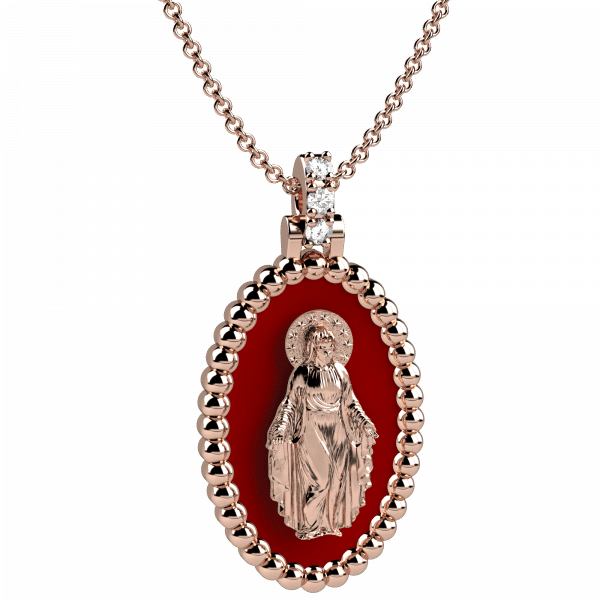 Tradition collana oro rosa 18KT con pendente Madonna smaltato rosso e diamanti