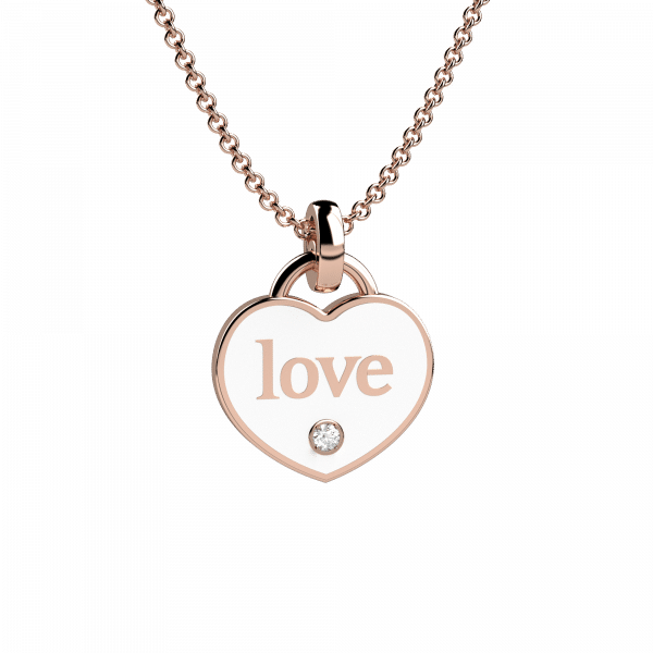 Love collana con scritta in oro rosa 18KT con pendente a cuore smaltato salmone e diamantino