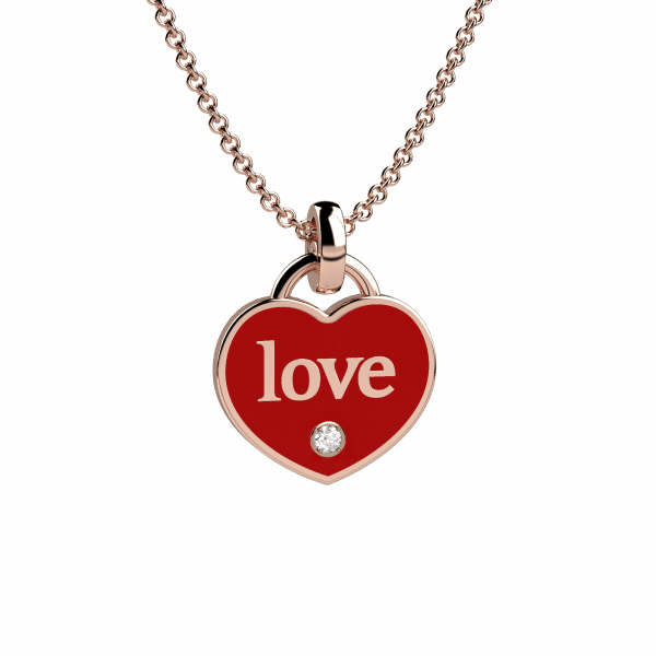 Love collana con scritta in oro rosa 18KT con pendente a cuore smaltato rosso e diamantino