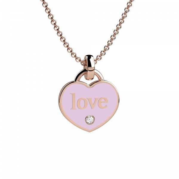 Heart collana in oro rosa 18KT con pendente a cuore smaltato rosa e diamantino