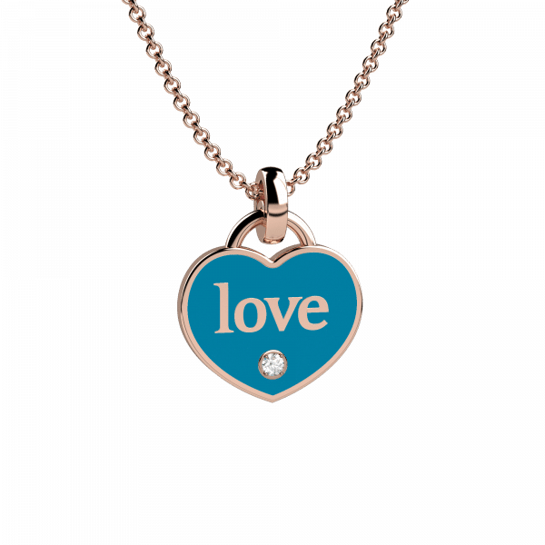 Heart collana in oro rosa 18KT con pendente a cuore smaltato turchese e diamantino