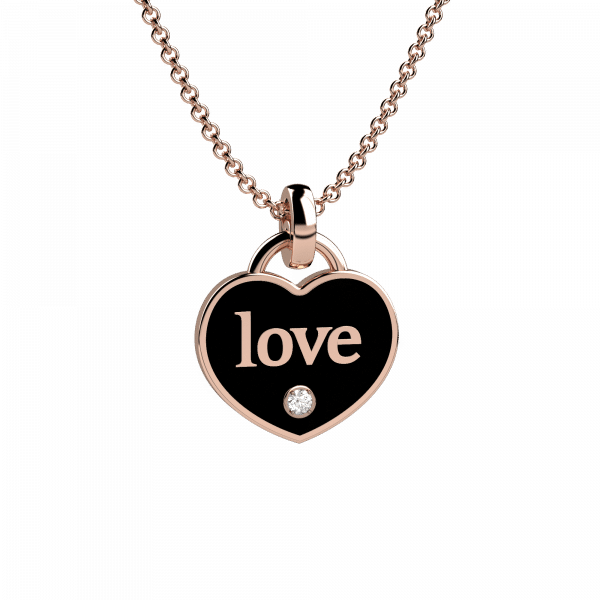 Heart collana in oro rosa 18KT con pendente a cuore smaltato nero e diamantino