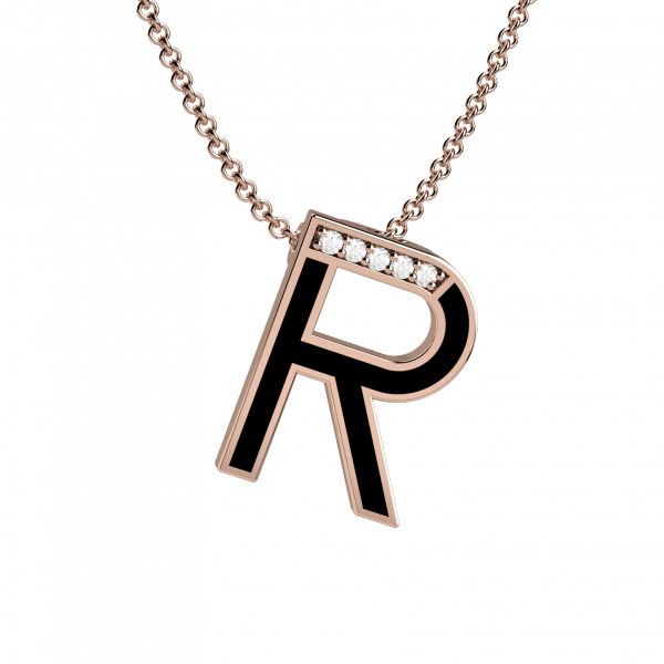 Personality collana con iniziale R oro rosa 18KT smaltata nera
