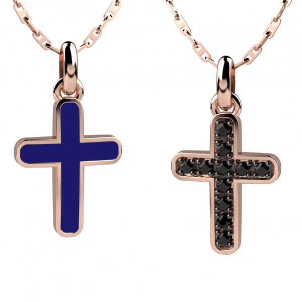 Symbols collana con pendente croce oro rosa 18KT double face - Smalto blu e diamanti neri