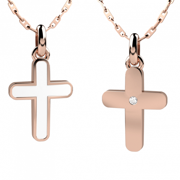 Symbols collana con pendente croce oro rosa 18KT double face - Smalto bianco e oro rosa con diamante