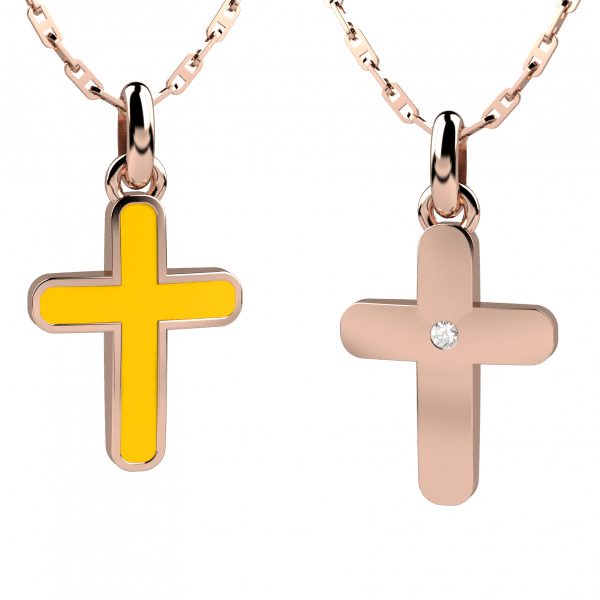 Symbols collana con pendente croce oro rosa 18KT double face - Smalto giallo e oro rosa con diamante