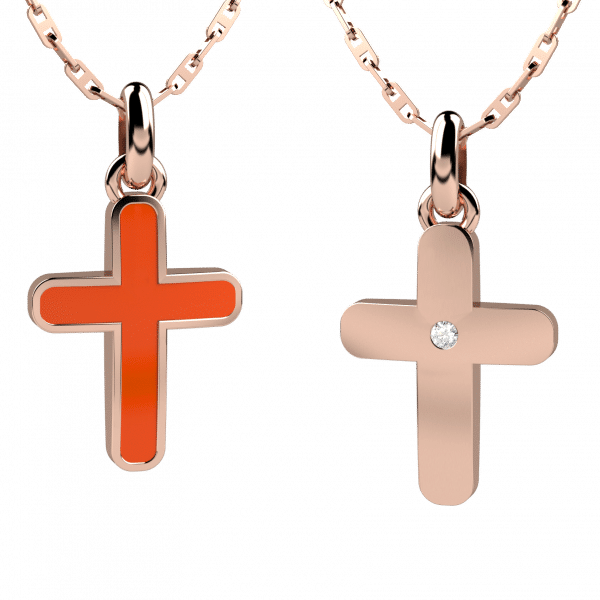 Symbols collana con pendente croce oro rosa 18KT double face - Smalto arancio e oro rosa con diamante