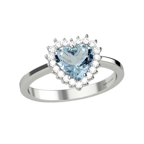 Anello cuore in oro bianco con acquamarine e diamanti