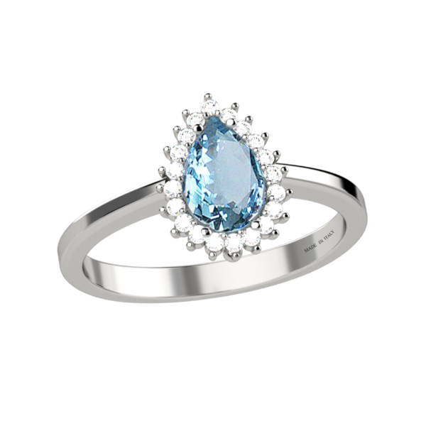 Anello goccia in oro bianco con acquamarine e diamanti