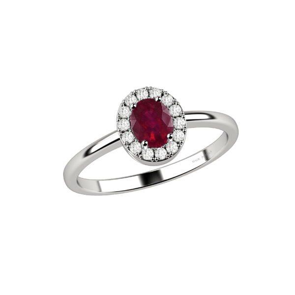 Anello halo in oro bianco 18KT con rubino e diamanti