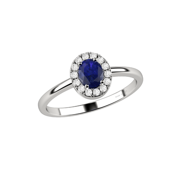 Anello halo in oro bianco 18KT con zaffiro e diamanti