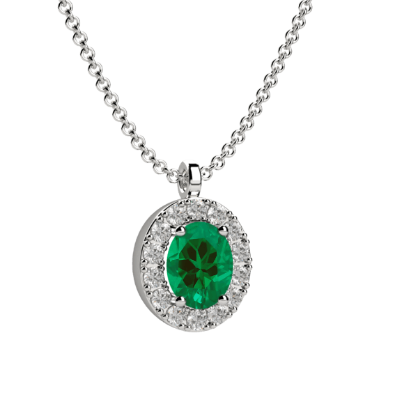 Pendente halo in oro bianco 18KT con smeraldo e diamanti