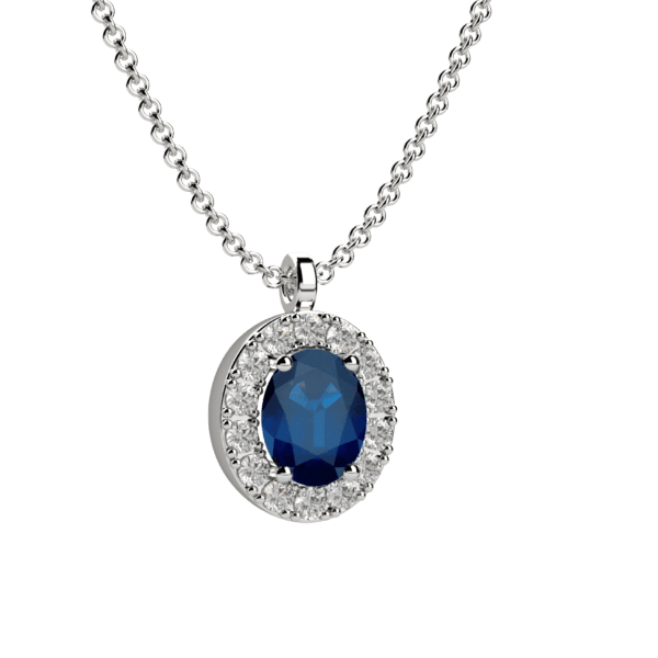 Pendente halo in oro bianco 18KT con zaffiro e diamanti