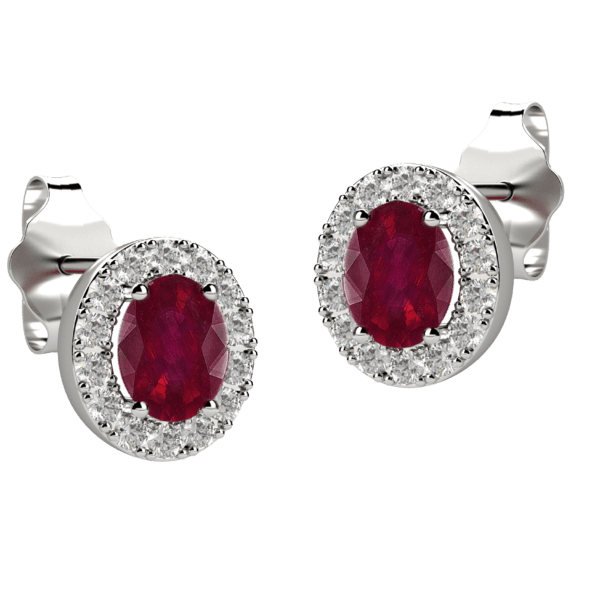 Orecchini halo in oro bianco 18KT con rubino e diamanti