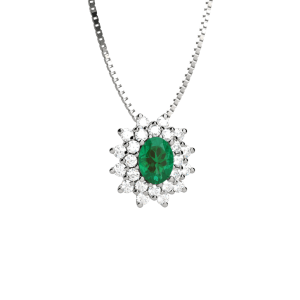 Pendente classico in oro bianco 18KT con smeraldo e diamanti