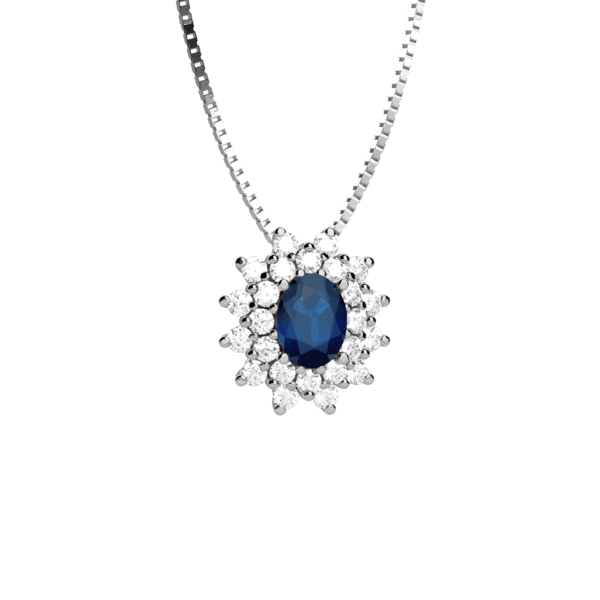 Pendente classico in oro bianco 18KT con zaffiro e diamanti