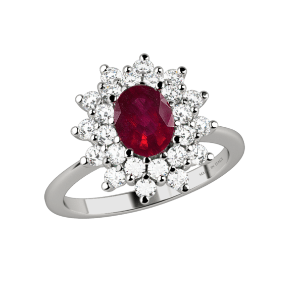 Anello classico in oro bianco 18KT con rubino e diamanti