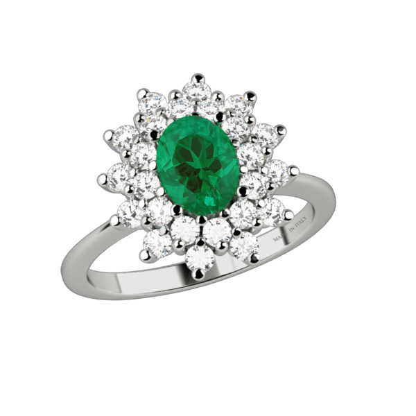 Anello classico in oro bianco 18KT con smeraldo e diamanti