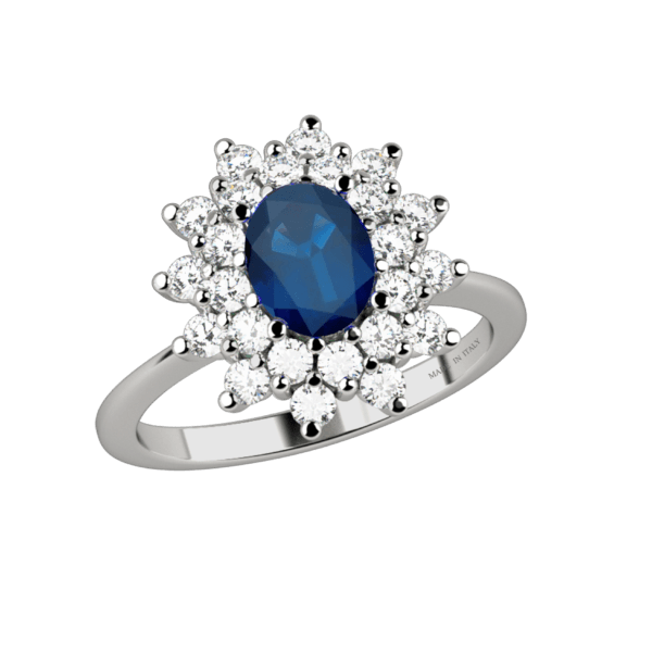 Anello classico in oro bianco 18KT con zaffiro e diamanti