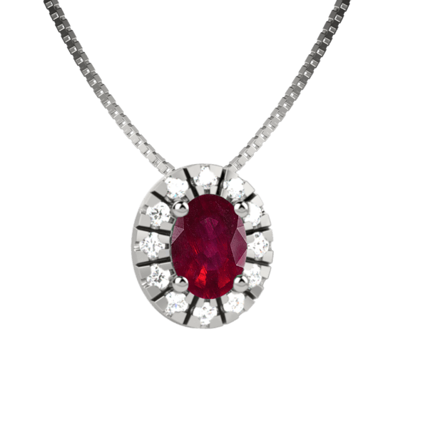 Pendente halo in oro bianco 18KT con rubino e diamanti