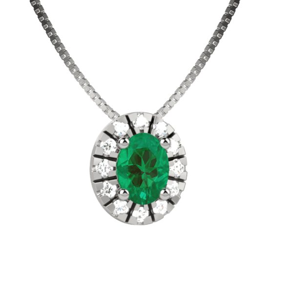 Pendente halo in oro bianco 18KT con smeraldo e diamanti