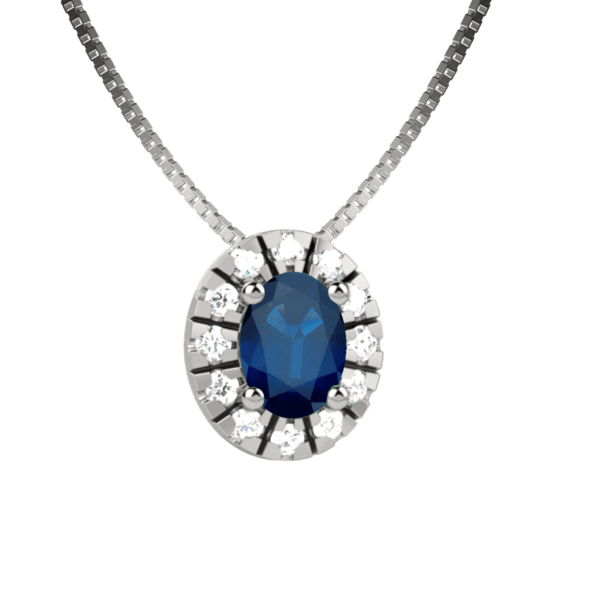 Pendente halo in oro bianco 18KT con zaffiro e diamanti