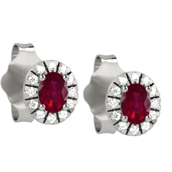 Orecchini halo in oro bianco 18KT con rubino e diamanti