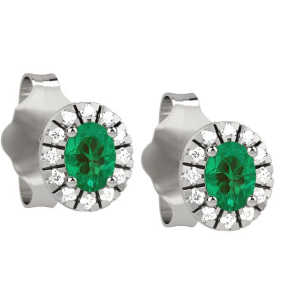 Orecchini halo in oro bianco 18KT con smeraldo e diamanti