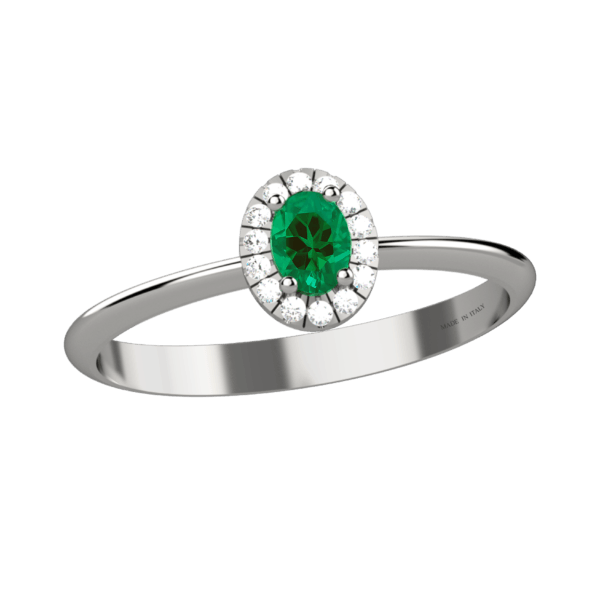 Anello halo in oro bianco 18KT con smeraldo e diamanti
