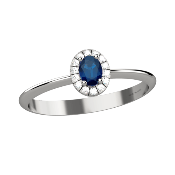 Anello halo in oro bianco 18KT con zaffiro e diamanti