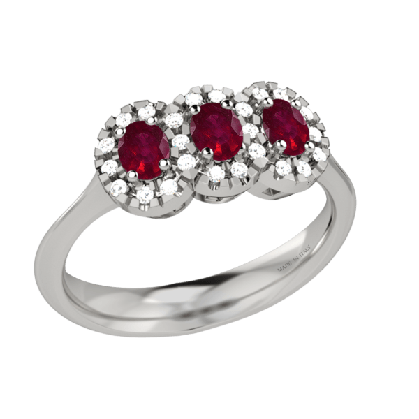 Anello trilogy in oro bianco 18KT con rubini e diamanti