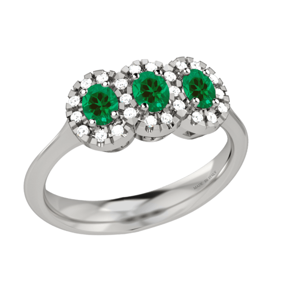 Anello trilogy in oro bianco 18KT con smeraldi e diamanti