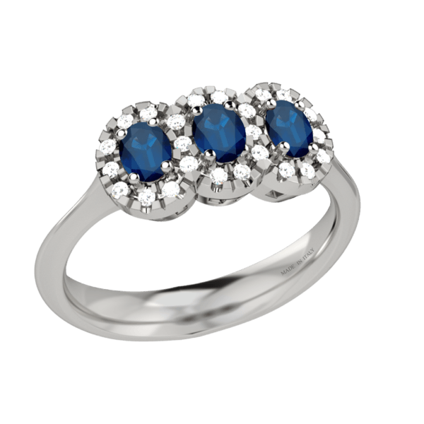 Anello trilogy in oro bianco 18KT con zaffiri e diamanti